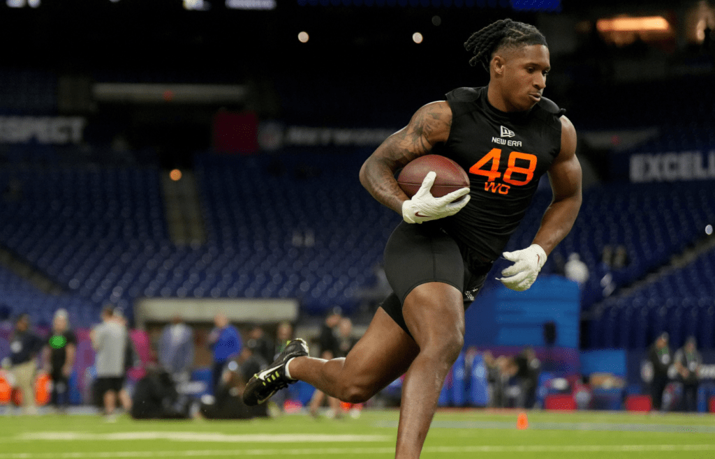Mar 1, 2025; Indianapolis, IN, USA; Washington State wideout Kyle Williams (WO48) during the 2025 NFL Combine at Lucas Oil Stadium. Mandatory Credit: Kirby Lee-Imagn Images