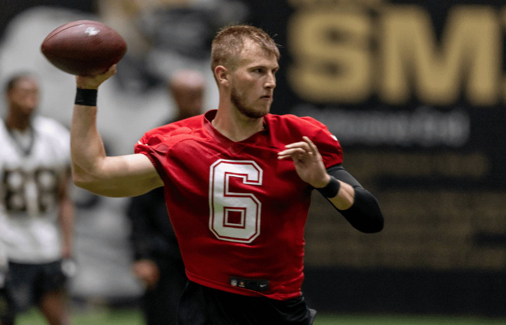 May 10, 2025; New Orleans, LA, USA; New Orleans Saints quarterback Tyler Shough (6) during rookie minicamp at Ochsner Sports Performance Center. Mandatory Credit: Stephen Lew-Imagn Images