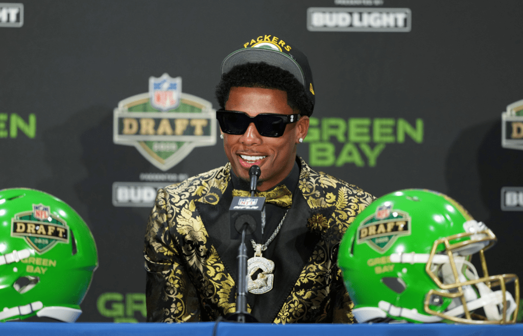 Apr 24, 2025; Green Bay, WI, USA; Matthew Golden speaks in a press conference after being selected by the Green Bay Packers as the number 23 pick in the first round of the 2025 NFL Draft at Lambeau Field. Mandatory Credit: Kirby Lee-Imagn Images