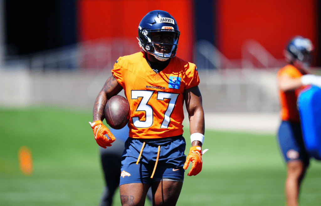 May 10, 2025; Englewood, CO, USA; Denver Broncos running back RJ Harvey (37) during rookie minicamp at Broncos Park Powered by CommonSpirit. Mandatory Credit: Ron Chenoy-Imagn Images