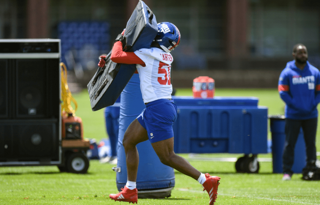 May 10, 2025; East Rutherford, NJ, USA; New York Giants linebacker Abdul Carter (51) participates in a drill during rookie minicamp at Quest Diagnostics Training Center. Mandatory Credit: John Jones-Imagn Images