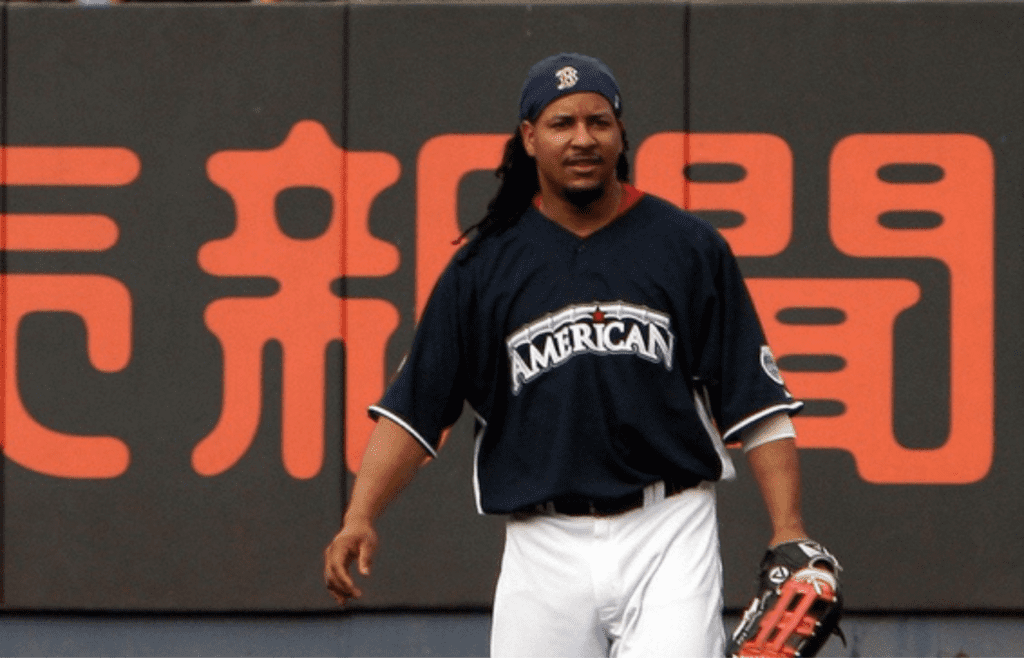 BostonÕs Manny Ramirez warms u prior to the start of the MLB Home Run Derby at Yankee Stadium in the Bronx July 14, 2008.