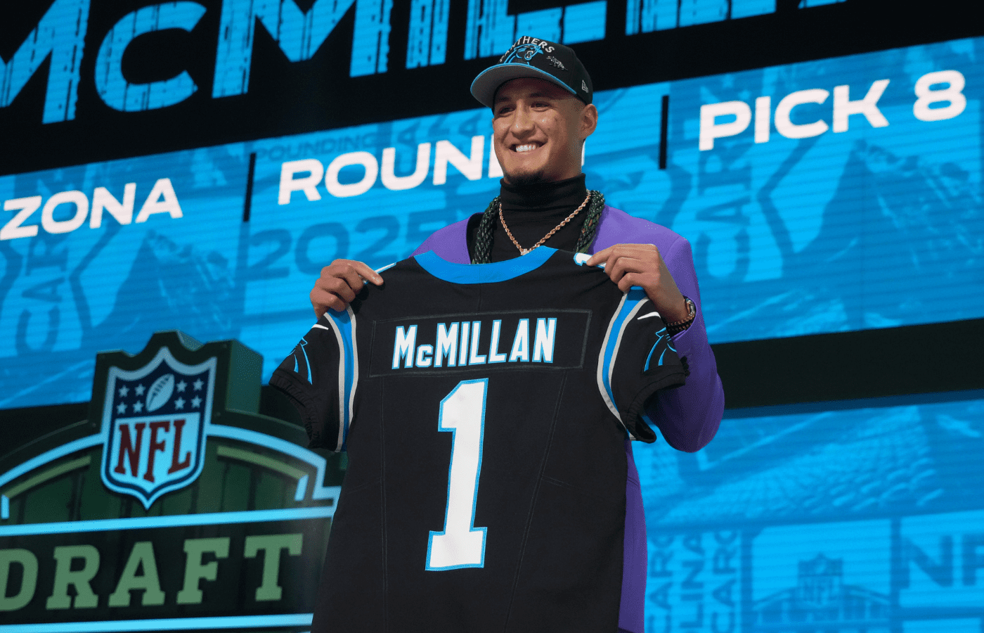 Apr 24, 2025; Green Bay, WI, USA; Arizona Wildcats wide receiver Tetairoa McMillan is selected by the Carolina Panthers as the number eight pick in the first round of the 2025 NFL Draft at Lambeau Field. Mandatory Credit: Kirby Lee-Imagn Images