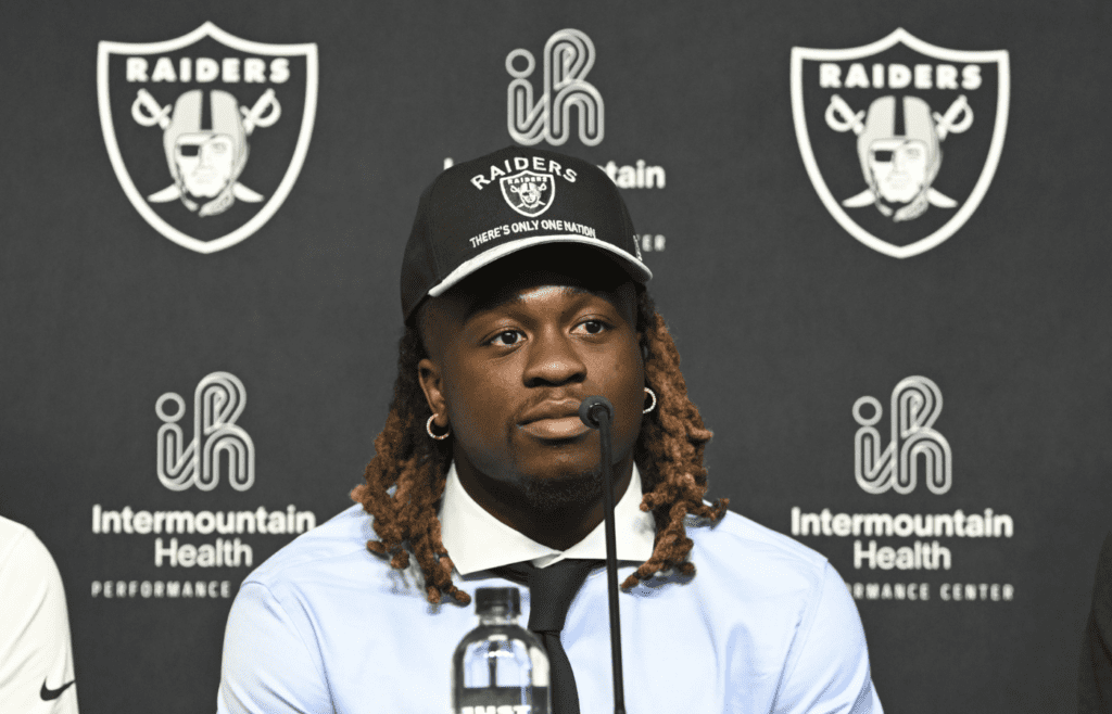 Apr 25, 2025; Henderson, NV, USA; Las Vegas Raiders first round draft pick in the 2025 NFL Draft Ashton Jeanty, speaks to the media at Intermountain Health Performance Center. Mandatory Credit: Candice Ward-Imagn Images