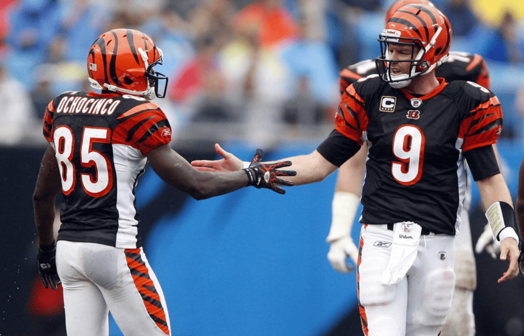 SEPTEMBER 26, 2010: Bengals Chad Ochocinco and Carson Palmer celebrate a complete pass during the first half against the Panthers at Bank of America Stadium in Charlotte. Bengals3
