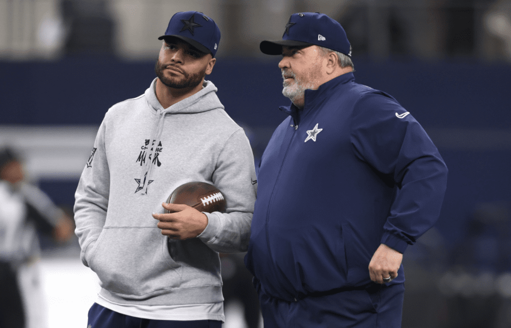 Jan 5, 2025; Arlington, Texas, USA; Dallas Cowboys quarterback Dak Prescott (4) talks to head coach Mike McCarthy before the game against the Washington Commanders at AT&T Stadium. Mandatory Credit: Tim Heitman-Imagn Images
