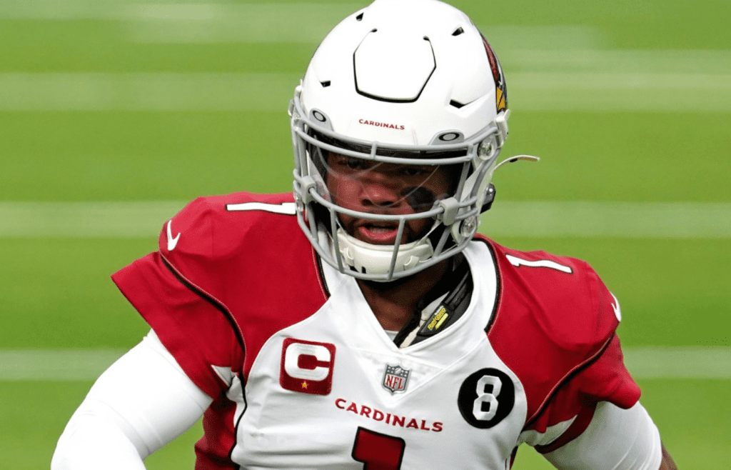 Jan 3, 2021; Inglewood, California, USA; Arizona Cardinals quarterback Kyler Murray (1) runs with the ball against the Los Angeles Rams during the first half at SoFi Stadium. Mandatory Credit: Kirby Lee-Imagn Images