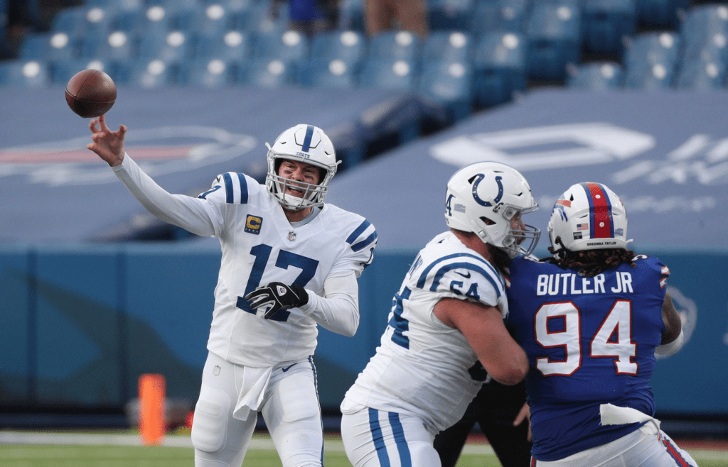 Colts quarterback Philip Rivers steps into a throw over the middle of the field. Jg 010921 Bills 23