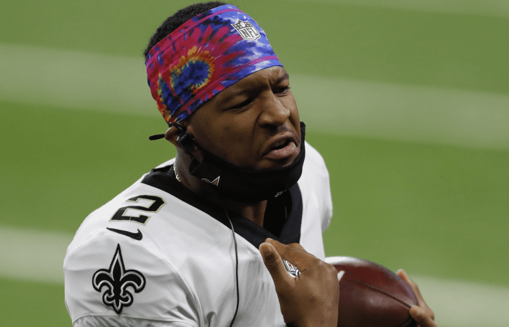 Oct 4, 2020; Detroit, Michigan, USA; New Orleans Saints quarterback Jameis Winston (2) talks to his teammates during the first quarter against the Detroit Lions at Ford Field. Mandatory Credit: Raj Mehta-Imagn Images