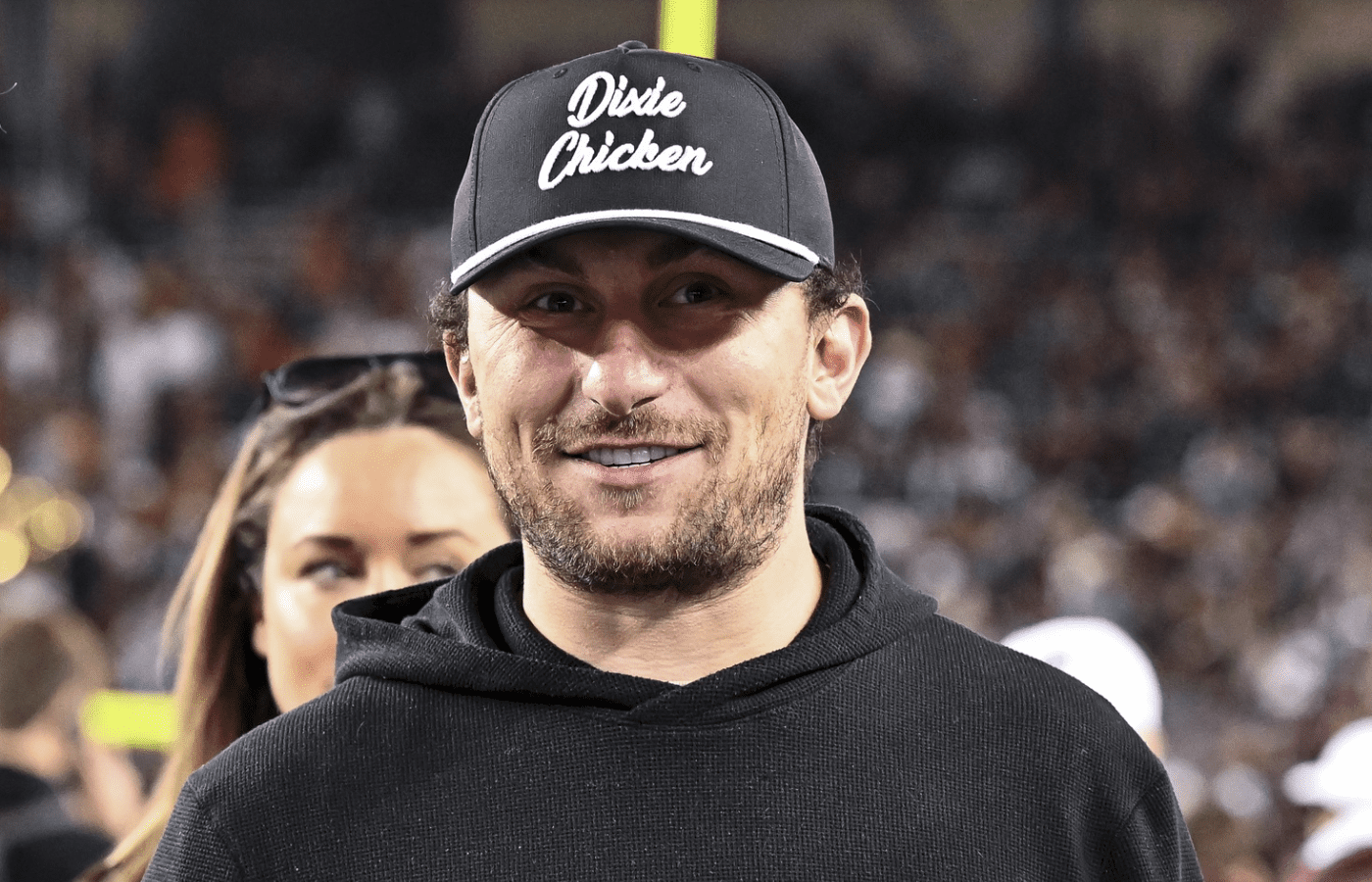 Nov 30, 2024; College Station, Texas, USA; Former Texas A&M and Cleveland Browns quarterback Johnny Manziel looks on prior to the game against the Texas Longhorns. The Longhorns defeated the Aggies 17-7 at Kyle Field. Mandatory Credit: Maria Lysaker-Imagn Images