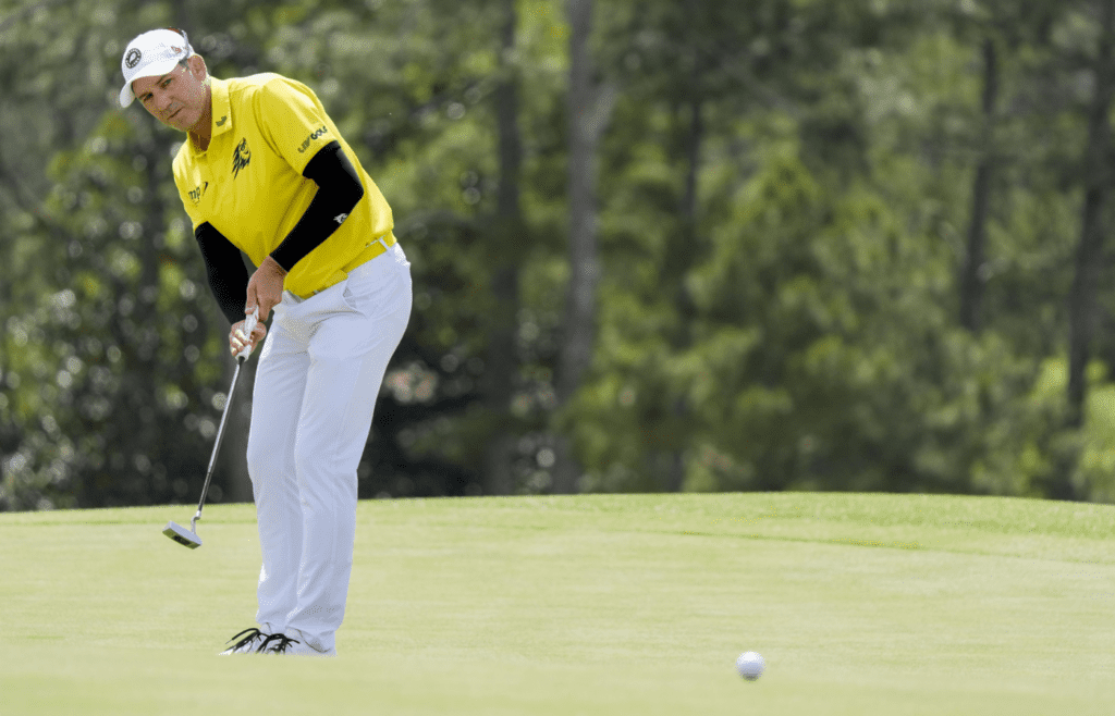 Apr 11, 2025; Augusta, Georgia, USA; Sergio Garcia putts on no. 18 during the second round of the Masters Tournament at Augusta National Golf Club. Mandatory Credit: Katie Goodale-Imagn Images
