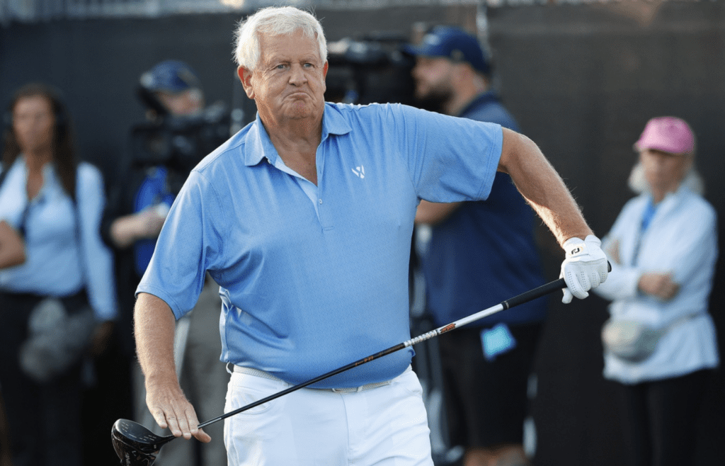 Dec 10, 2023; Bradenton, Florida, USA; Team Europe s Colin Montgomerie warms up at the first tee at The Concession Golf Club. Mandatory Credit: Jeff Swinger-Imagn Images