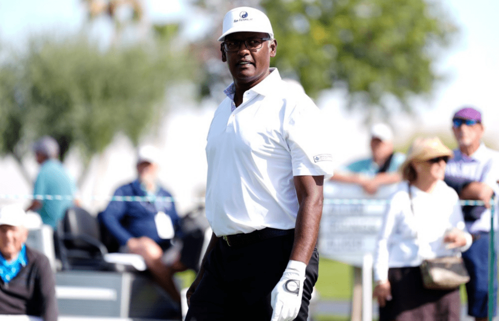 Vijay Singh tees off on 1 to start the final round of The Galleri Classic at Mission Hills Country Club in Rancho Mirage, Calif., Sunday, March 30, 2025