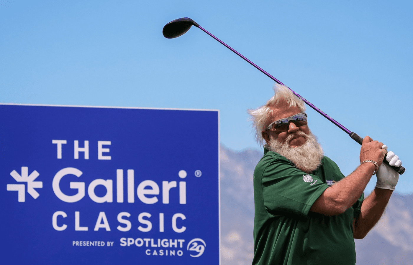 John Daly tees off on 13 during the pro-am of the Galleri Classic at Mission Hills Country Club in Rancho Mirage, Calif., Wednesday, March 26, 2025