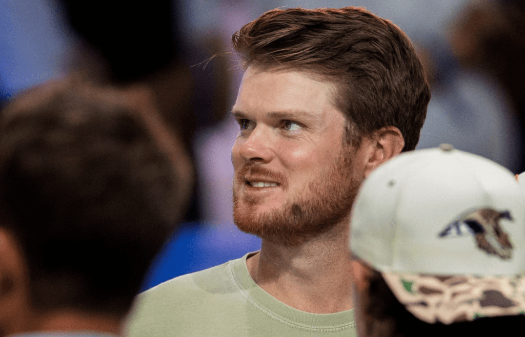 Minnesota Vikings quarterback Sam Darnold attends the TGL match between Jupiter Links GC and Atlanta Drive GC at SoFi Center on March 4, 2025, in Palm Beach Gardens, Florida