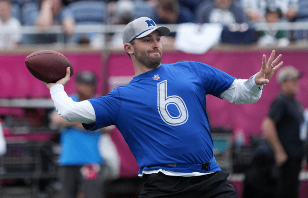 Feb 1, 2025; Orlando, FL, USA; Tampa Bay Buccaneers quarterback Baker Mayfield (6) throws the ball during NFC Practice for the Pro Bowl Games at Camping World Stadium. Mandatory Credit: Kirby Lee-Imagn Images