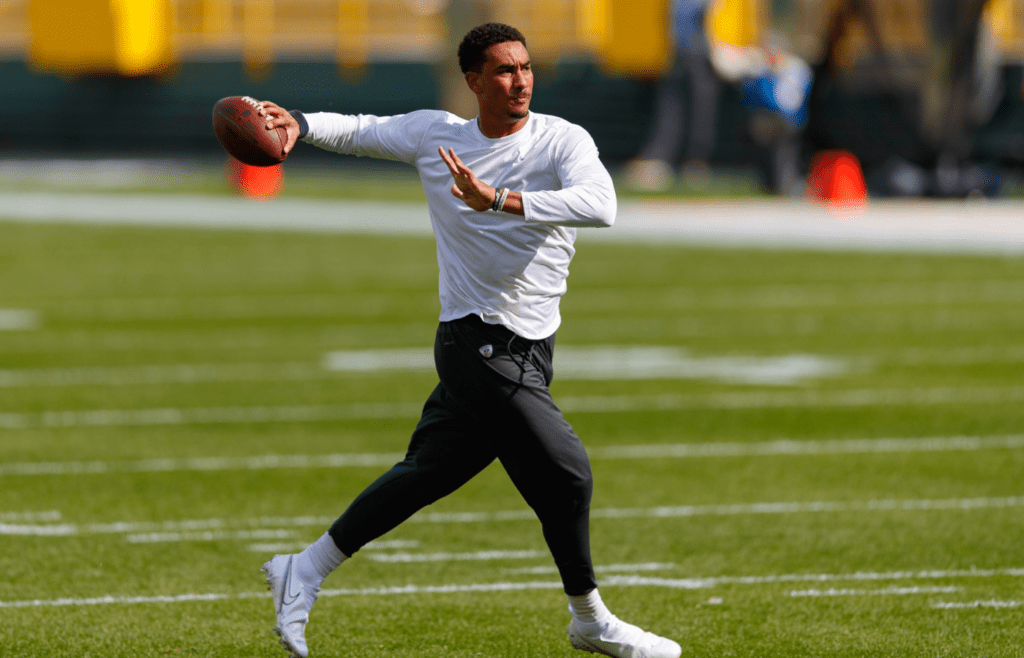 Sep 20, 2020; Green Bay, Wisconsin, USA; Green Bay Packers quarterback Jordan Love during warmups prior to the game against the Detroit Lions at Lambeau Field. Mandatory Credit: Jeff Hanisch-Imagn Images