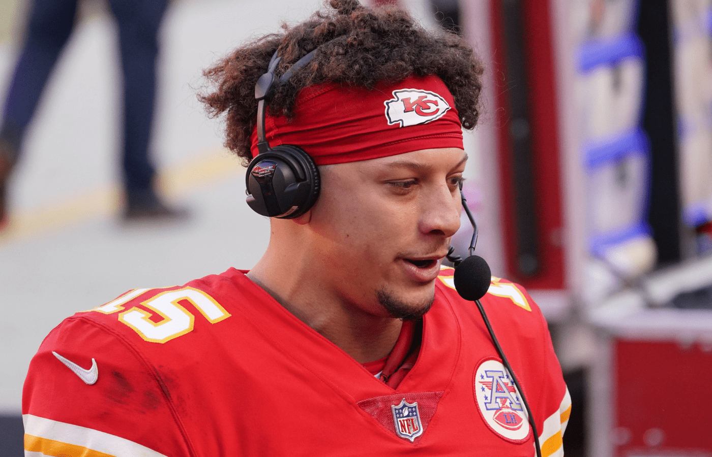 Dec 27, 2020; Kansas City, MO, USA; Kansas City Chiefs quarterback Patrick Mahomes (15) is interviewed after the game against the Atlanta Falcons at Arrowhead Stadium. Mandatory Credit: Denny Medley-Imagn Images