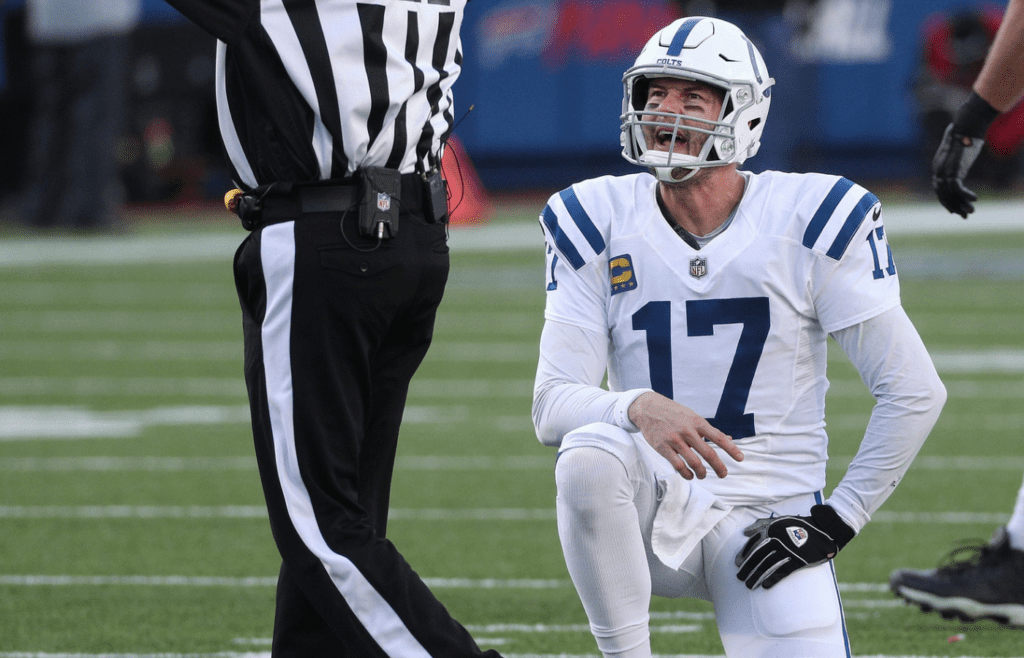 Colts quarterback Philip Rivers pleads his case to an official. Jg 010921 Bills 22