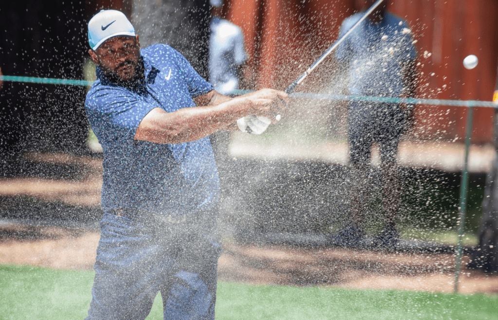Jerome Bettis swings during the final round of the American Century Celebrity Championship golf tournament at Edgewood Tahoe Golf Course in Stateline, Nev., Sunday, July 16, 2023