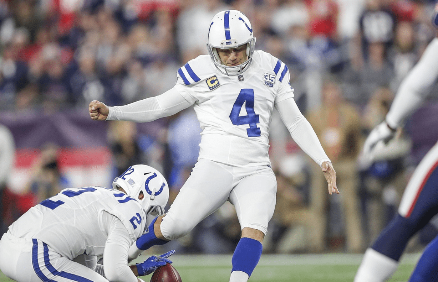 Indianapolis Colts kicker Adam Vinatieri (4) kicks a 54-yard field goal in the second quarter at Gillette Stadium in Foxborough, Mass., Thursday, Oct. 4, 2018. Indianapolis Colts Versus New England Patriots At Gillette Stadium In Foxborough Mass Thursday Oct 4 2018 Syndication Indianapolis