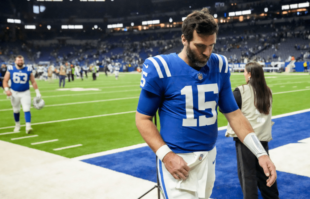 Indianapolis Colts quarterback Joe Flacco (15) leaves the field Sunday, Jan. 5, 2025, after defeating the Jacksonville Jaguars 26-23 in overtime at Lucas Oil Stadium in Indianapolis.