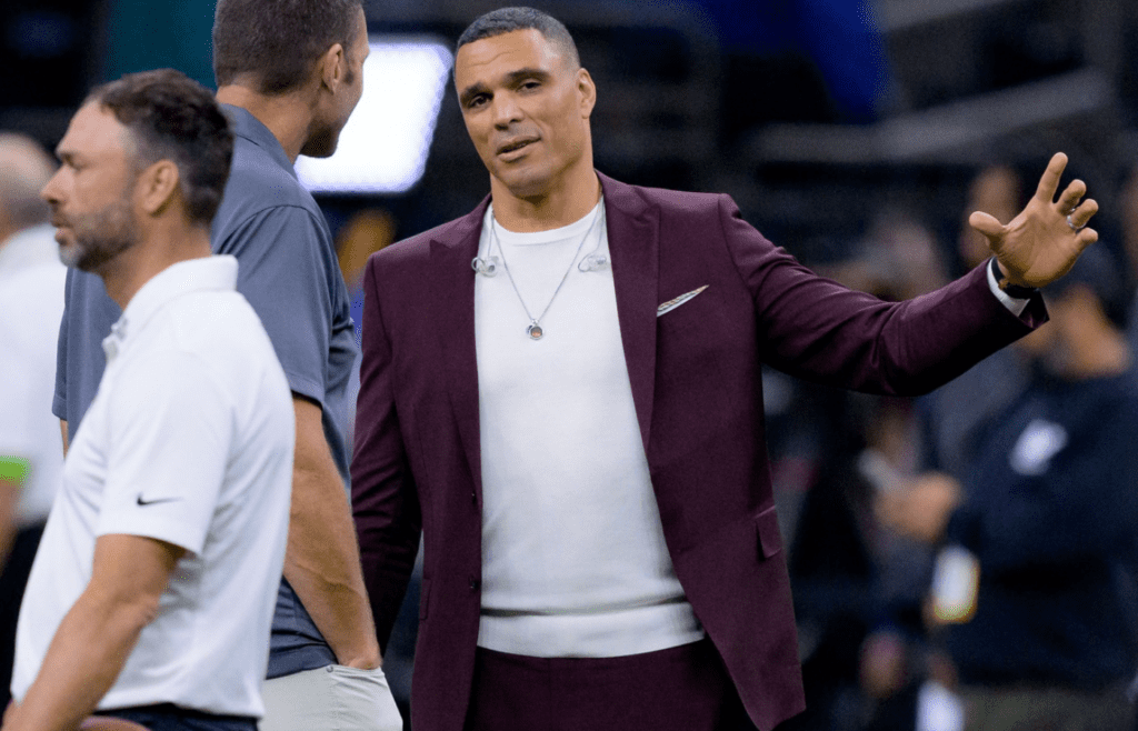 Oct 19, 2023; New Orleans, Louisiana, USA; Sports announcer Tony Gonzalez, a retired NFL tight end, gestures before a game between the New Orleans Saints and the Jacksonville Jaguars at the Caesars Superdome. Mandatory Credit: Matthew Hinton-Imagn Images