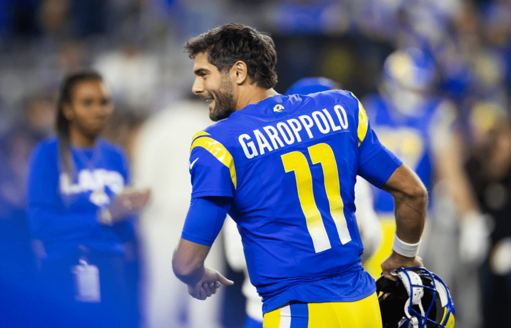 Jan 13, 2025; Glendale, AZ, USA; Detailed view of the jersey of Los Angeles Rams quarterback Jimmy Garoppolo (11) against the Minnesota Vikings during an NFC wild card game at State Farm Stadium. Mandatory Credit: Mark J. Rebilas-Imagn
