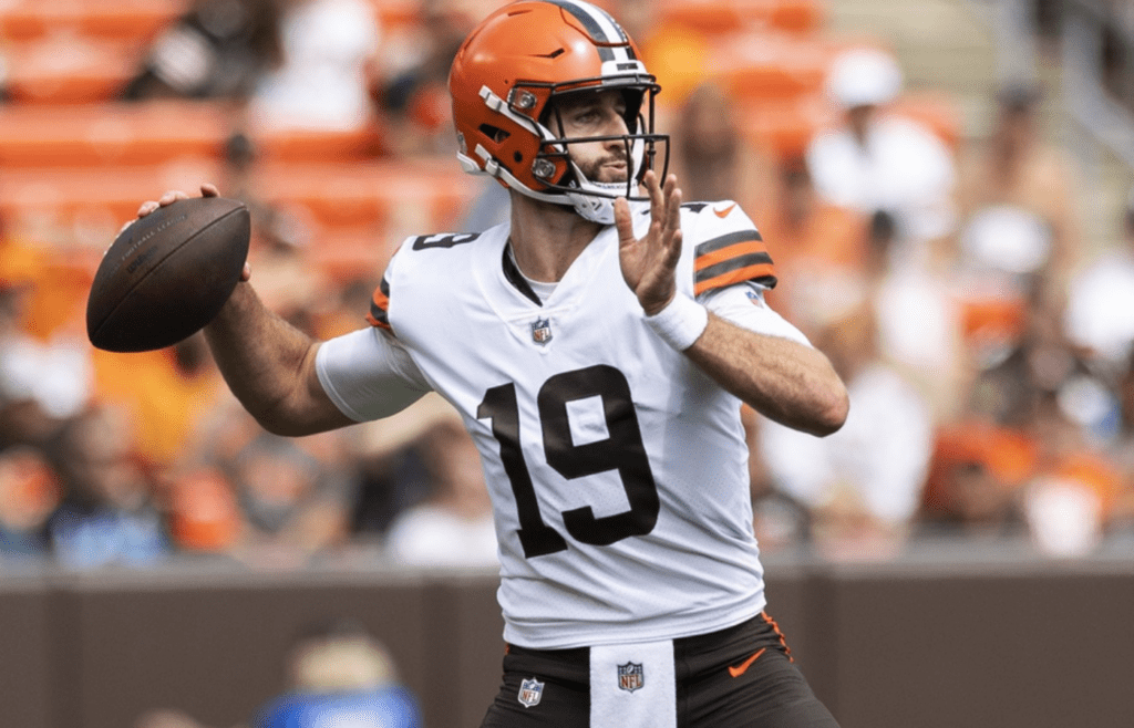 Aug 21, 2022; Cleveland, Ohio, USA; Cleveland Browns quarterback Josh Rosen (19) throws the ball against the Philadelphia Eagles during the third quarter at FirstEnergy Stadium. Mandatory Credit: Scott Galvin-Imagn Images