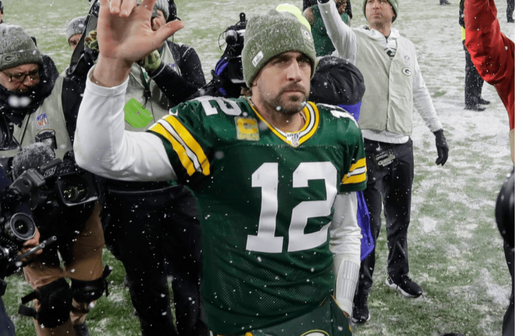 Green Bay Packers quarterback Aaron Rodgers (12)] celebrates during the Green Bay Packers 24-16 win over the Carolina Panthers in Green Bay, Wisconsin, Sunday, November 10, 2019. RICK WOOD/MILWAUKEE JOURNAL SENTINEL
