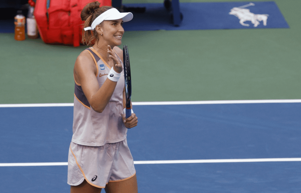 Sep 2, 2024; Flushing, NY, USA; Beatriz Haddad Maia (BRA) celebrates after her match against Caroline Wozniacki (DEN)(not pictured) in a women's singles match on day eight of the 2024 U.S. Open tennis tournament at USTA Billie Jean King National Tennis Center. Mandatory Credit: Geoff Burke-Imagn Images
