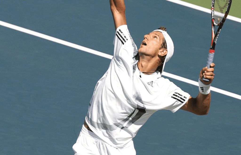 Sep 2, 2009; Flushing, NY, USA; Jurgen Melzer (AUT) serves against Marat Safin (RUS) on day three of the 2009 US Open in Flushing Meadows. Melzer won 1-6, 6-4, 6-3, 6-4. Mandatory Credit: Matthias Hauer/GEPA via Imagn Images