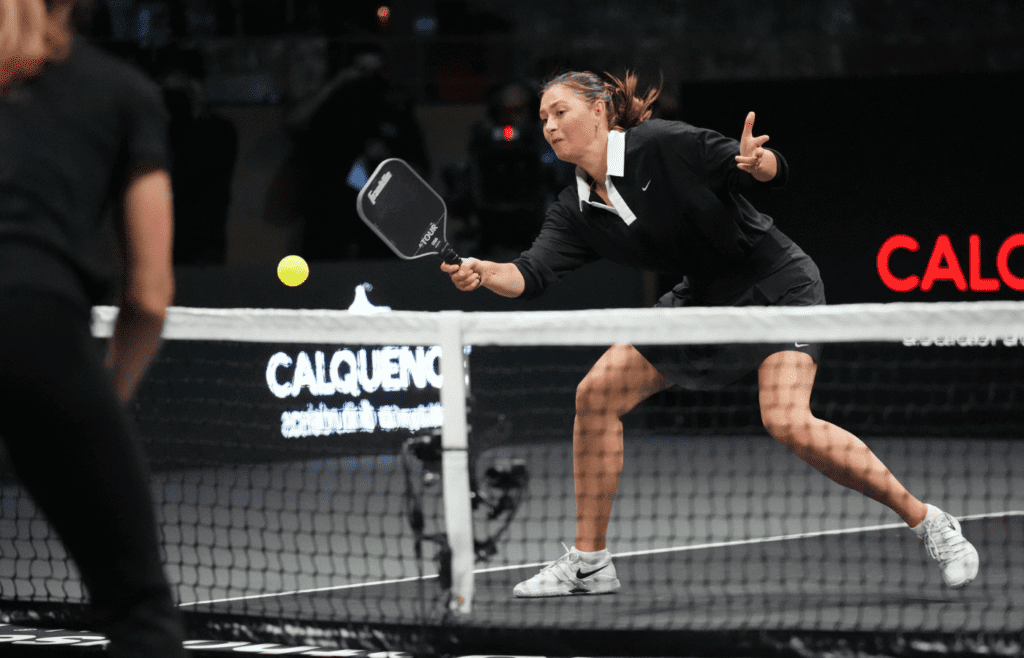 Feb 4, 2024; Hollywood, FL 33314, FL, USA; Maria Sharapova returns a volley during Pickleball Slam 2 at Hard Rock Live at Seminole Hard Rock Hotel & Casino. Mandatory Credit: Jim Rassol-Imagn Images