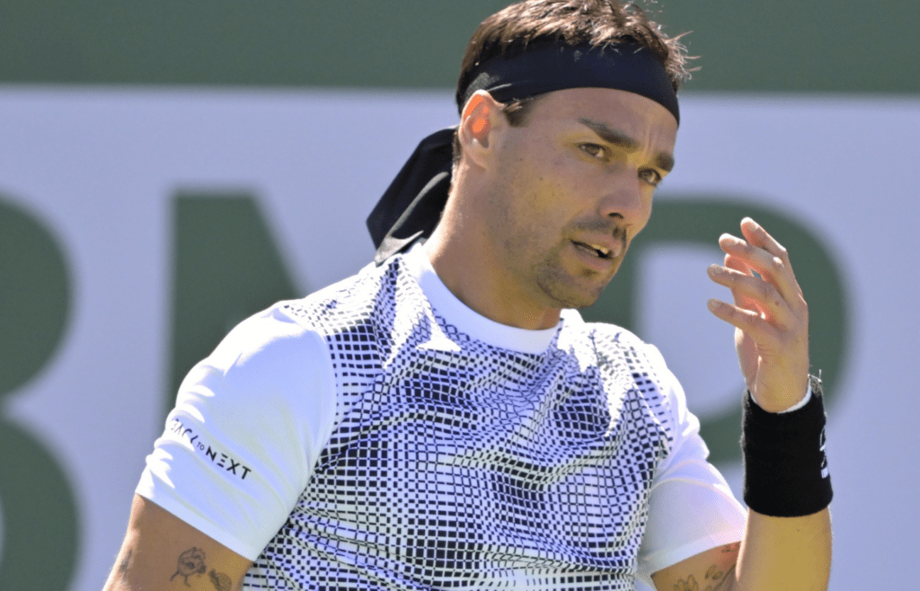 Mar 3, 2025; Indian Wells, CA, USA; Fabio Fognini (ITA) reacts after missing a shot against Colton Smith (not pictured) during his qualifying match in the BNP Paribas open at the Indian Well Tennis Garden. Mandatory Credit: Jayne Kamin-Oncea-Imagn Images