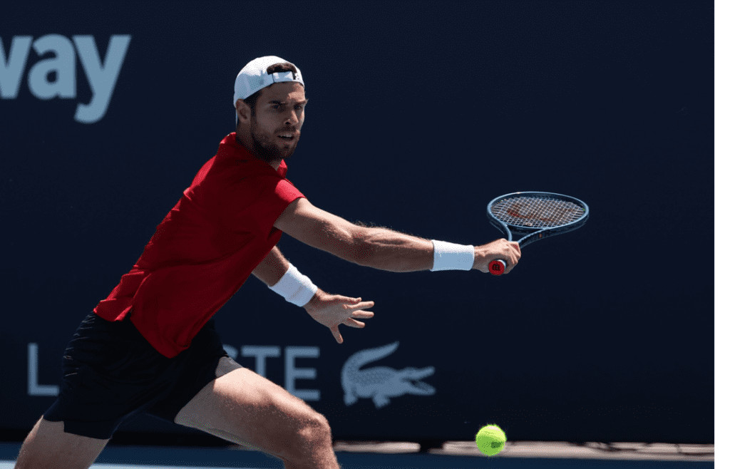 Mar 21, 2025; Miami, FL, USA; Karen Khachanov hits a backhand against Nick Kyrgios (AUS) (not pictured) on day four of the Miami Open at Hard Rock Stadium. Mandatory Credit: Geoff Burke-Imagn Images