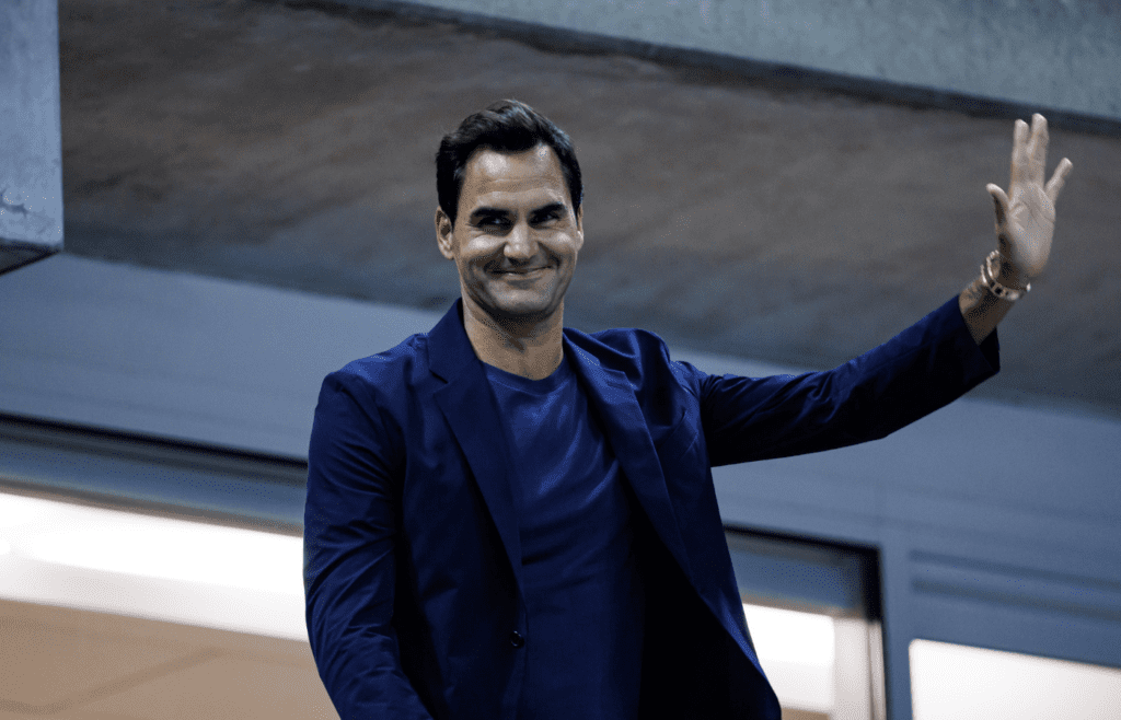 Sep 3, 2024; Flushing, NY, USA; Roger Federer watches Aryna Sabalenka of Russia playing Qinwen Zheng of China on day nine of the U.S. Open tennis tournament at the USTA Billie Jean King National Tennis Center. Mandatory Credit: Mike Frey-Imagn Images