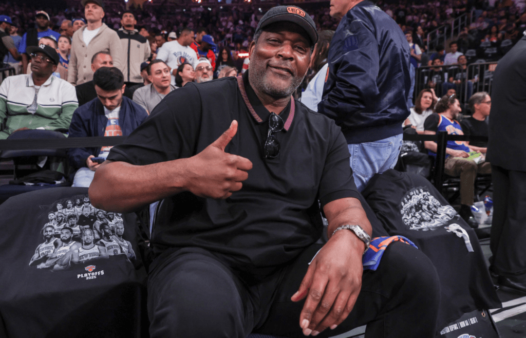Apr 19, 2025; New York, New York, USA; Former NBA forward Larry Johnson watches Game One of the First Round of the NBA Playoffs between the Detroit Pistons and against the New York Knicks at Madison Square Garden. Mandatory Credit: Wendell Cruz-Imagn Images