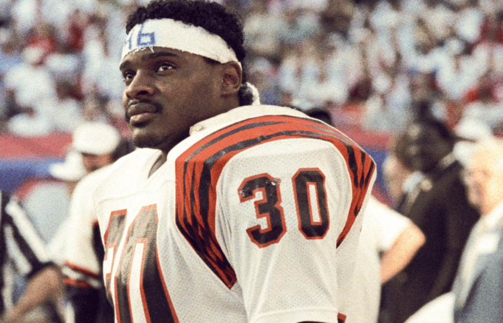 Jan 22, 1989; Miami, FL, USA; FILE PHOTO; Cincinnati Bengals running back Ickey Woods (30) on the sidelines against the San Francisco 49ers during Super Bowl XXIII at Joe Robbie Stadium. The 49ers defeated the Bengals 20-16. Mandatory Credit: Bob Deutsch-Imagn Images