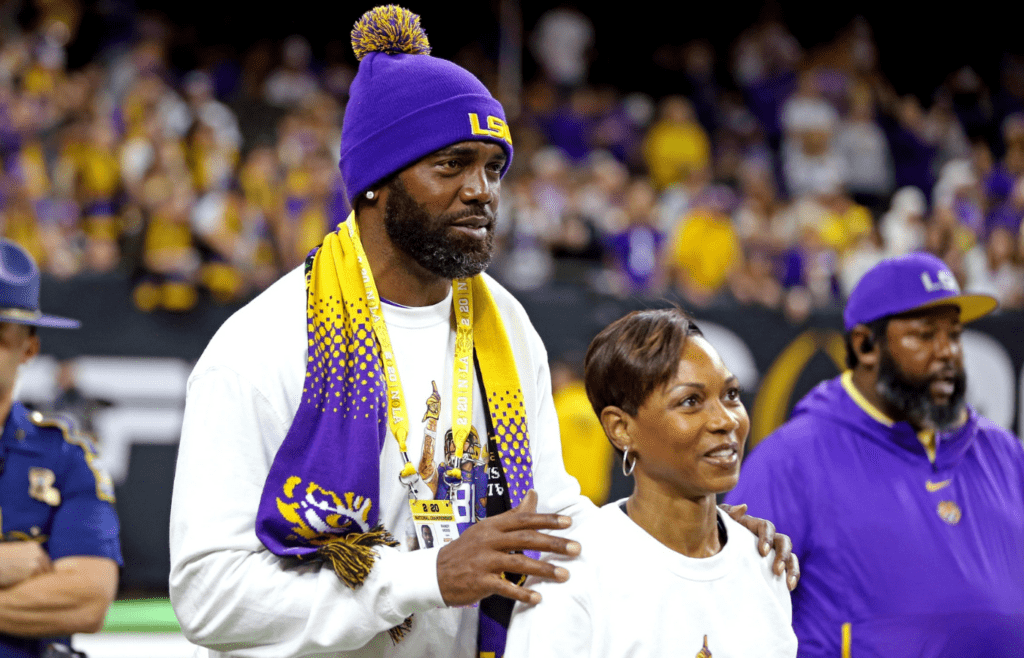 Jan 13, 2020; New Orleans, Louisiana, USA; NFL former player Randy Moss walks on the field in the College Football Playoff national championship game at Mercedes-Benz Superdome. Mandatory Credit: Chuck Cook-Imagn Images