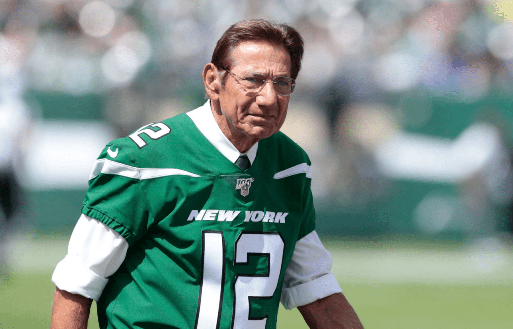 Sep 8, 2019; East Rutherford, NJ, USA; New York Jets former quarterback and Super Bowl III MVP Joe Namath during the first half of the game between the New York Jets and the Buffalo Bills at MetLife Stadium. Mandatory Credit: Vincent Carchietta-Imagn Images