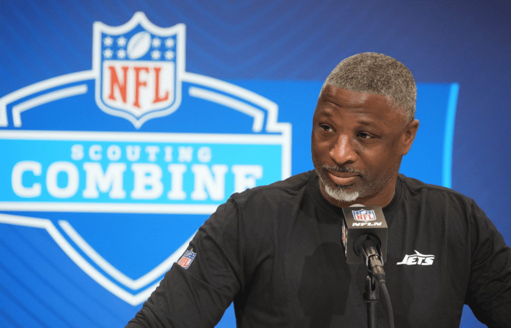 Feb 25, 2025; Indianapolis, IN, USA; New York Jets coach Aaron Glenn speaks during the NFL Scouting Combine at the Indiana Convention Center. Mandatory Credit: Kirby Lee-Imagn Images