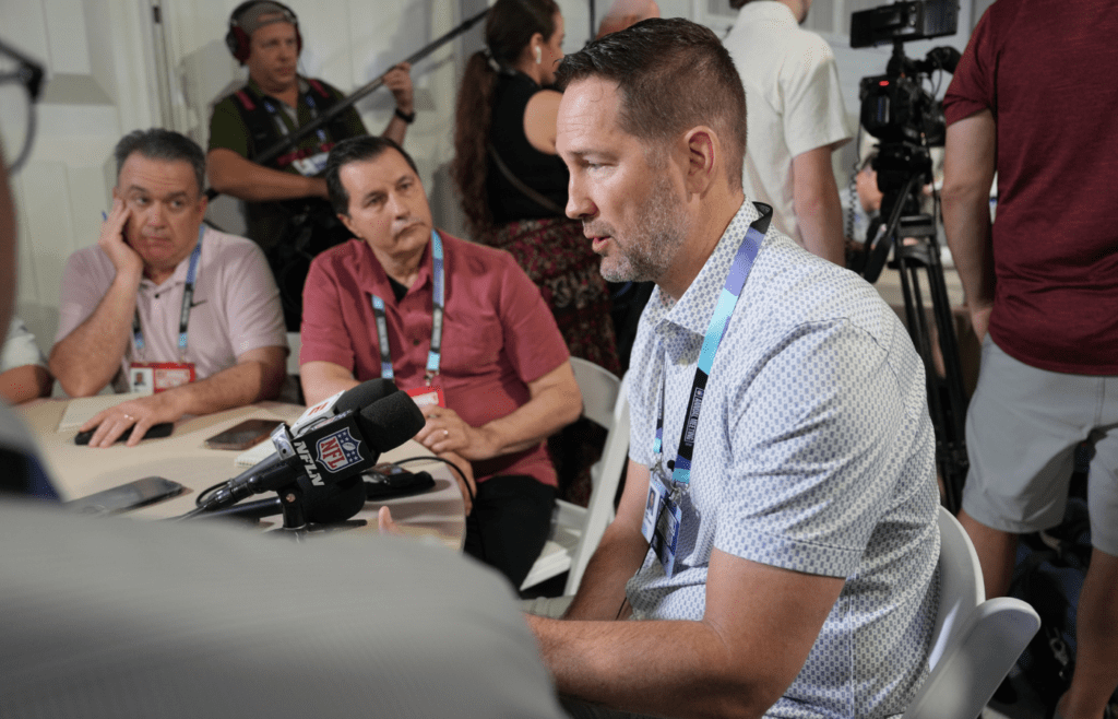 Apr 1, 2025; Palm Beach, FL, USA; Dallas Cowboys head coach Brian Schottenheimer answers questions from the media during the NFL Annual League Meeting at The Breakers. Mandatory Credit: Jim Rassol-Imagn Images