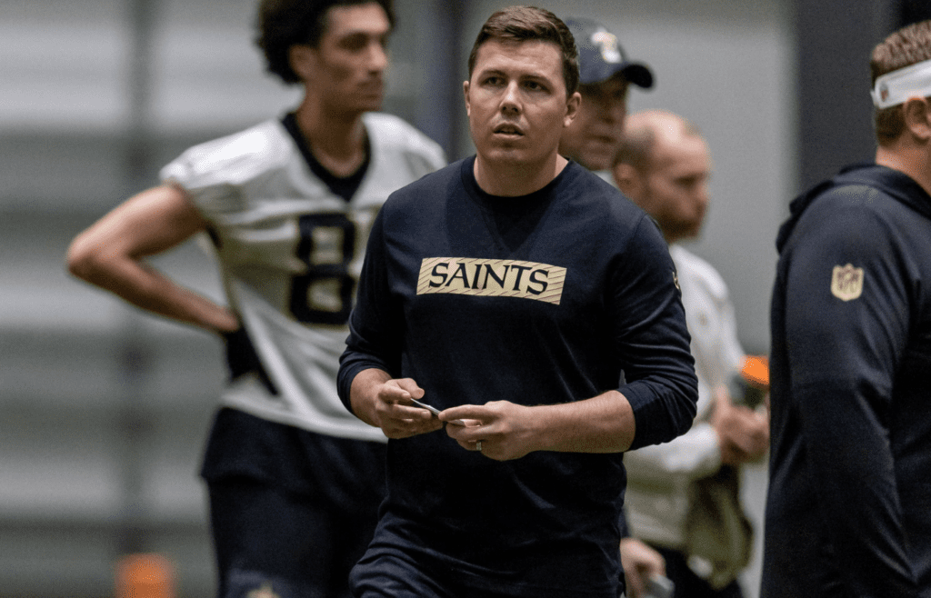 May 10, 2025; New Orleans, LA, USA; New Orleans Saints head coach Kellen Moore during rookie minicamp at Ochsner Sports Performance Center. Mandatory Credit: Stephen Lew-Imagn Images