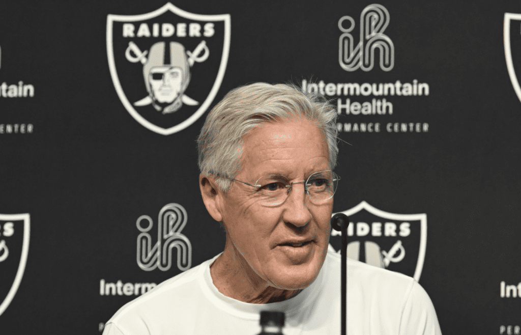 Apr 25, 2025; Henderson, NV, USA; Las Vegas Raiders head coach Pete Carroll at a news conference introducing Ashton Jeanty as the first round draft pick in the 2025 NFL Draft at Intermountain Health Performance Center. Mandatory Credit: Candice Ward-Imagn Images