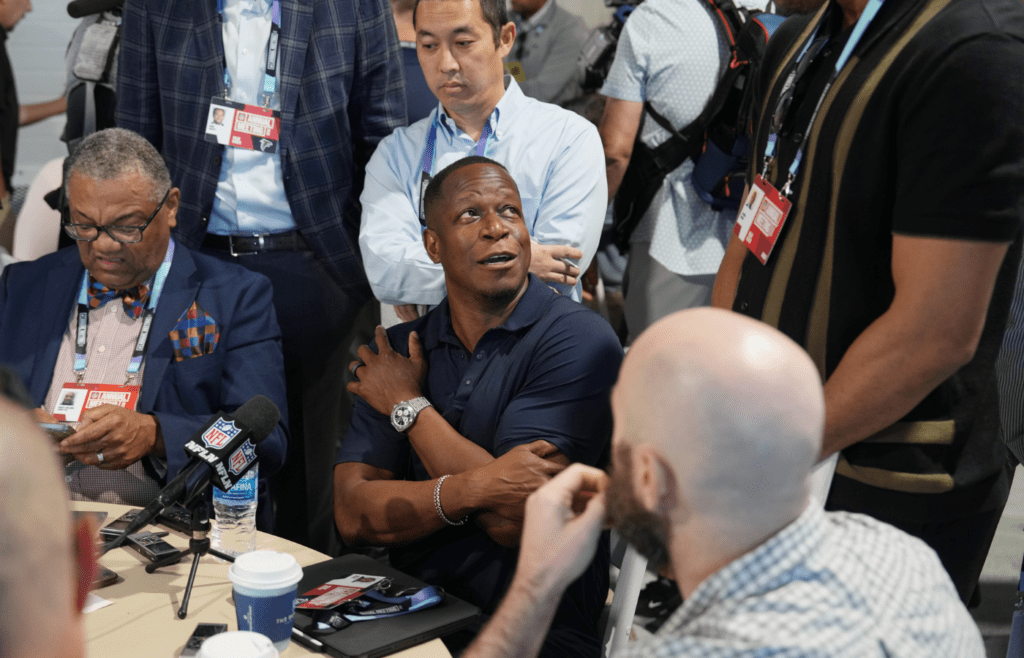 Apr 1, 2025; Palm Beach, FL, USA; Atlanta Falcons head coach Raheem Morris answers questions from the media during the NFL Annual League Meeting at The Breakers. Mandatory Credit: Jim Rassol-Imagn Images