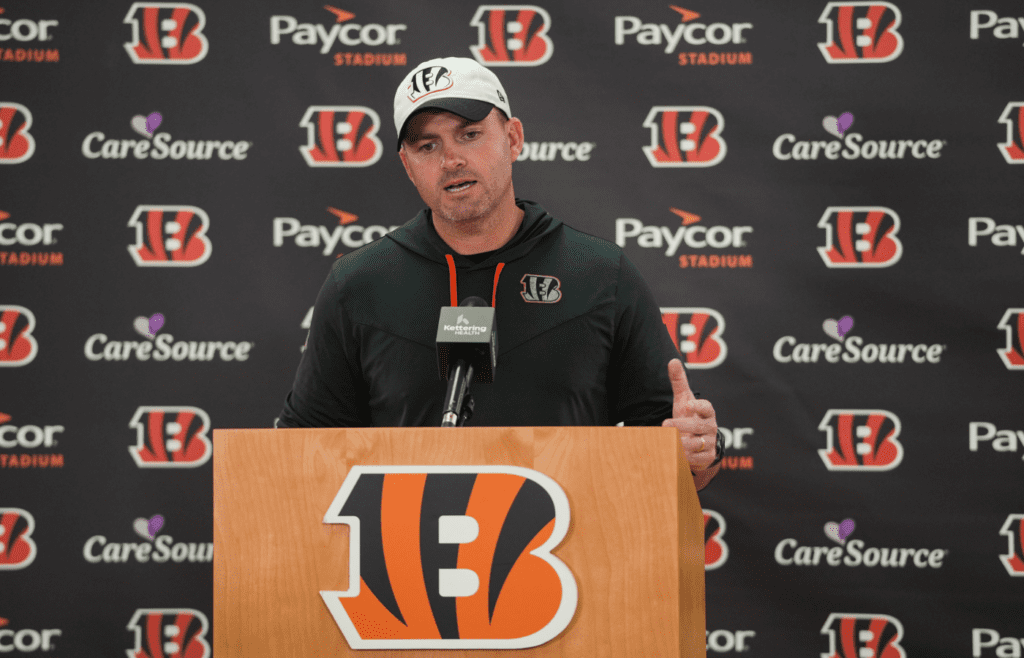 The Cincinnati Bengals Head Coach Zac Taylor speaks at a press conference after their practice on Tuesday May 20, 2025