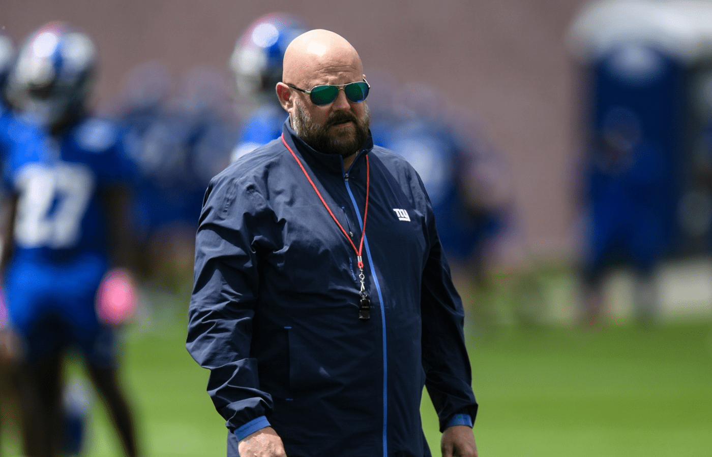 May 10, 2025; East Rutherford, NJ, USA; New York Giants head coach Brian Daboll looks on during rookie minicamp at Quest Diagnostics Training Center. Mandatory Credit: John Jones-Imagn Images