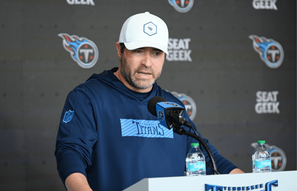 May 10, 2025; Nashville, TN, USA; Tennessee Titans head coach Brian Callahan talks with reporters just prior to the start of rookie training camp at Saint Thomas Sports ParkTennessee. Mandatory Credit: Steve Roberts-Imagn Images