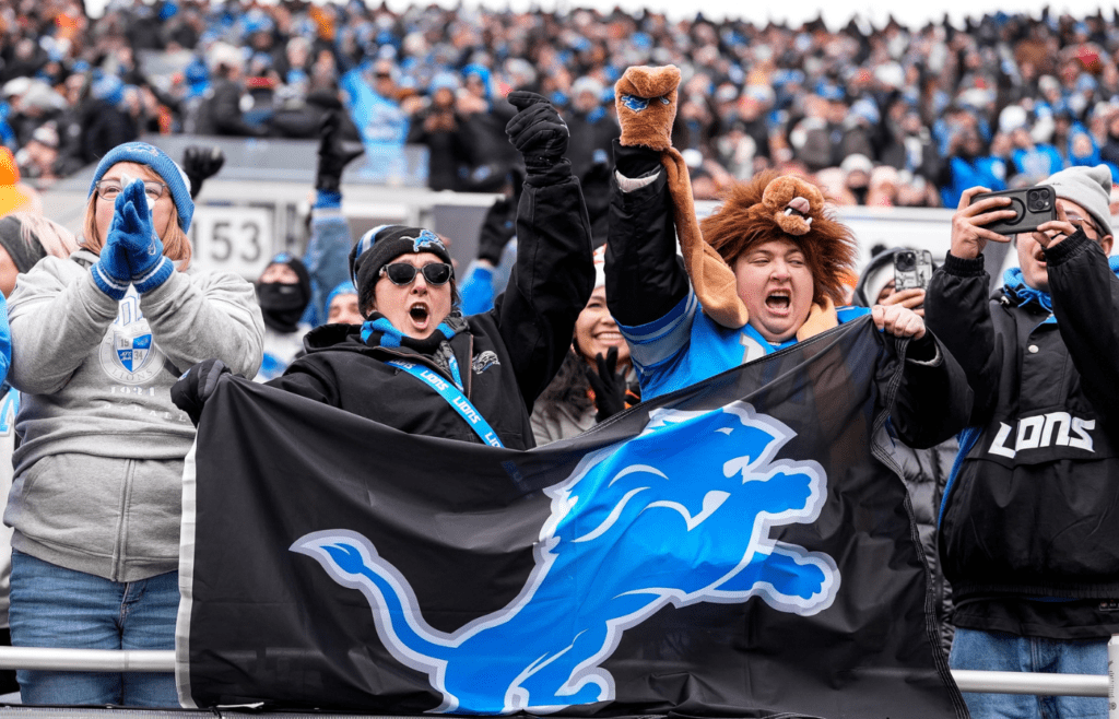 Detroit Lions fans cheer on against Chicago Bears during the first half at Soldier Field in Chicago, Ill. on Sunday, Dec. 22, 2024.