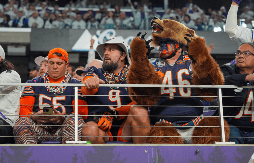 Dec 16, 2024; Minneapolis, Minnesota, USA; Chicago Bears fans during a game against the Minnesota Vikings in the second quarter at U.S. Bank Stadium. Mandatory Credit: Brad Rempel-Imagn Images